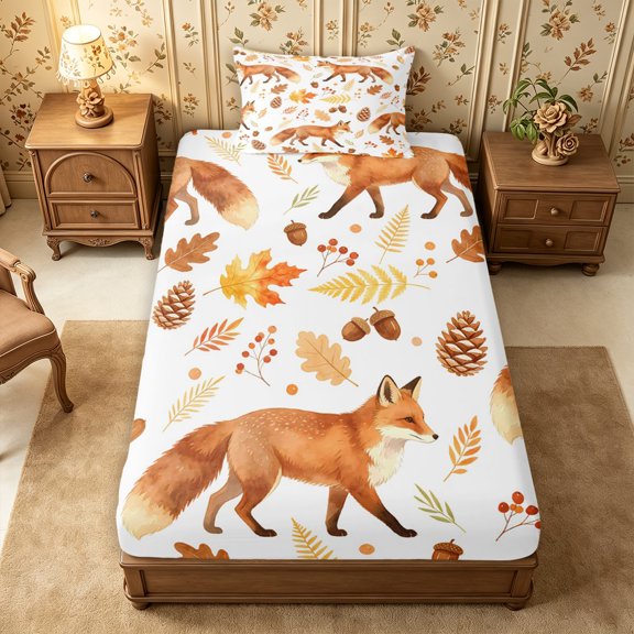 Erosebridal Red Fox Twin Fitted Sheet 2 Pieces,Autumn Forest Bedding,Orange White,1 Fitted Sheet and 1 Pillowcase