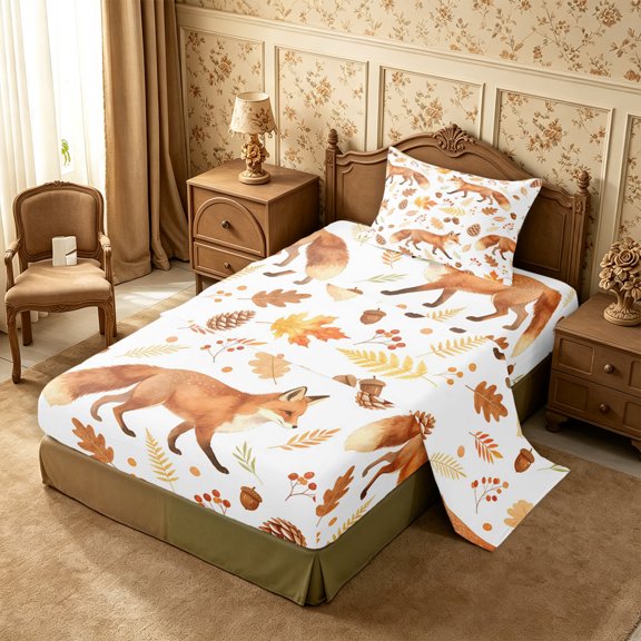 Erosebridal Red Fox Twin Sheets 3pcs,Autumn Forest Bedding,Orange White,1 Flat Sheet, 1 Fitted Sheet and 1 Pillowcase