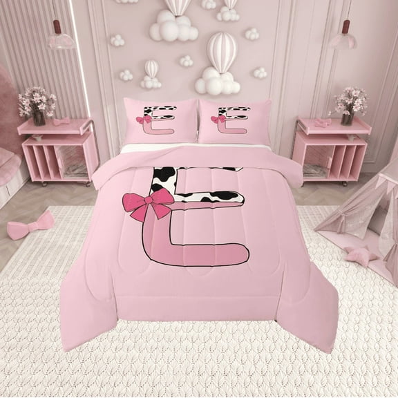 Erosebridal Initial Monogrammed Bedding Twin Comforter Set,Bowknot Cow Print Down Comforter,Ultra Soft Reversible Bedding Sets Twin with Comforter,Kawaii Room Decorative,3pcs