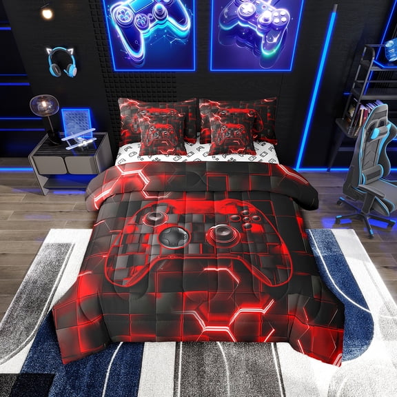 Erosebridal Red Gamepad Bedding King Size, Neon Rectangle Bed in a Bag King size, Abstract Decor, Reversible 7-Piece