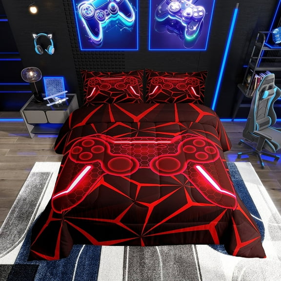 Erosebridal Red Gamepad Comforter Sets Full Size, Gradient Geometry Comforters & Duvets, Gaming Sports Decor, Reversible