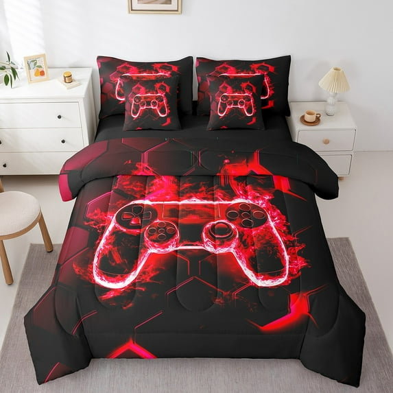 Erosebridal Red Gamepads Bedding Sets King Size,Geometric Honey Comb Bed in a Bag King size,Video Game Bedding King Size,Super Cozy Gamer Room Decoration,Reversible,7-Piece