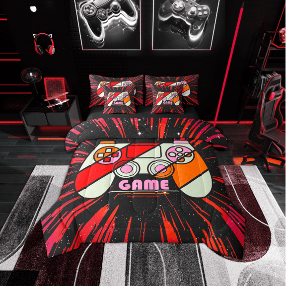 Erosebridal Red Gamepads Bedding Sets Twin Size,Geometric Lines Comforter Sets with Sheets,Video Game Bed in a Bag Twin size,Super Cozy Gamer Room Decoration,Reversible,7-Piece