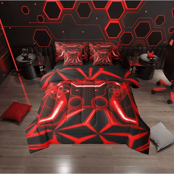 Erosebridal Red Gamepads Bedding Sets Twin Size,Video Game Comforter Sets with Sheets,Geometric Plaid Bed in a Bag Twin size,Microfiber Male Bedroom Decor,Reversible,7pcs