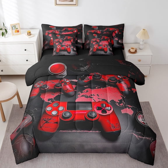 Erosebridal Red Gamepads Bedding Sets Twin Size,Video Game Comforter Sets with Sheets,Video Gamer Bed in a Bag Twin size,Microfiber Gaming Room Decor,Reversible,7-Piece