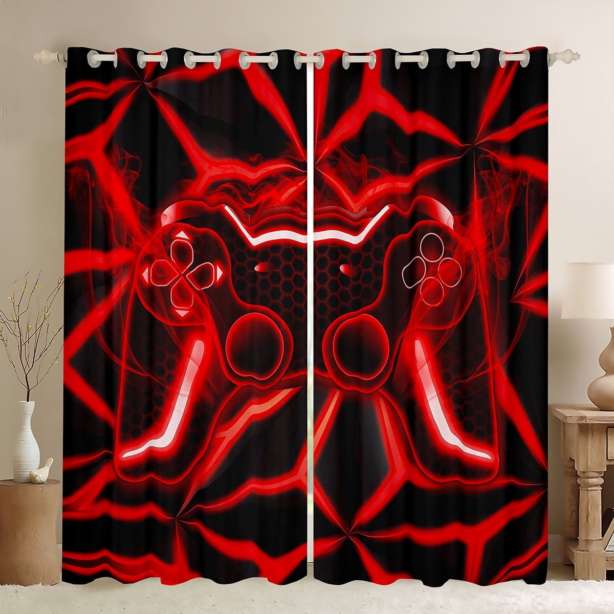 Erosebridal Red Gamepads Curtains Pack of 2 (42Wx63L),Video Game 30%-50% Black Out Curtains,Geometric Plaid Curtains for Living Room (42Wx63L),Male Bedroom Decor