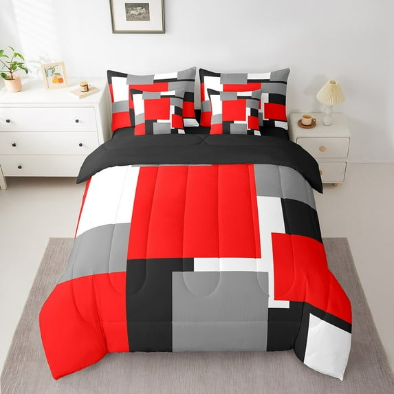 Erosebridal Red Geometric Bedding Sets Full Size, Square Rectangle Comforter Sets with Sheets, Abstract Stripe Decor, Reversible 7 Pieces
