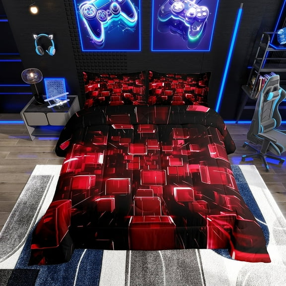 Erosebridal Red Geometric Bedding Sets Twin with Comforter, Gradient Sauqre Duvet Insert, Space Room Decor, Microfiber 2 Pieces