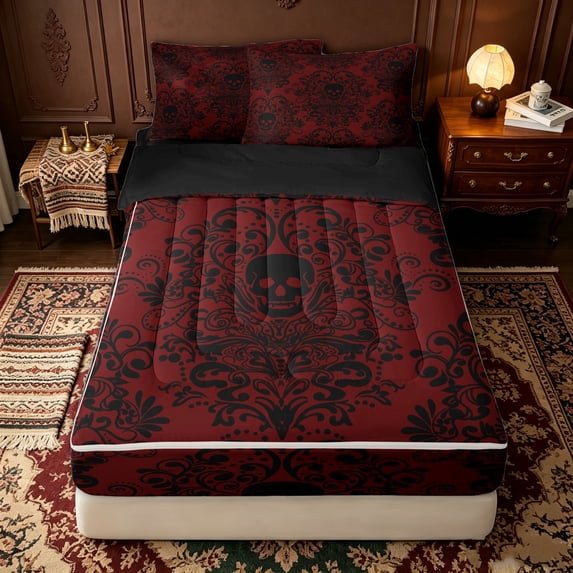 Erosebridal Red Gothic Skull Zipper Full Size Comforter Sets with Fitted Sheet and 2 Pillowcases for Women Girls, Baroque Damask Floral Print Zipper Bedding Set, Black Reversible, 4-Piece