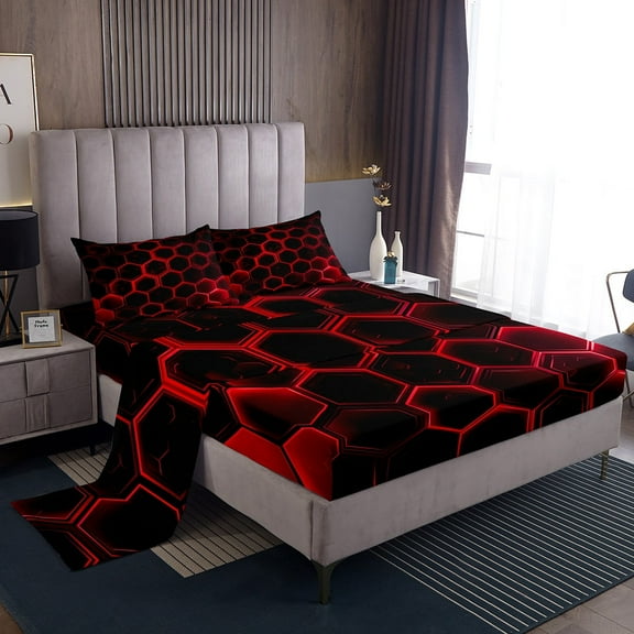 Erosebridal Red Gradient Hexagon Sheet Set Twin , Geometry Honeycomb Bedding Sets Twin Size, Black Room Decor 3-Piece