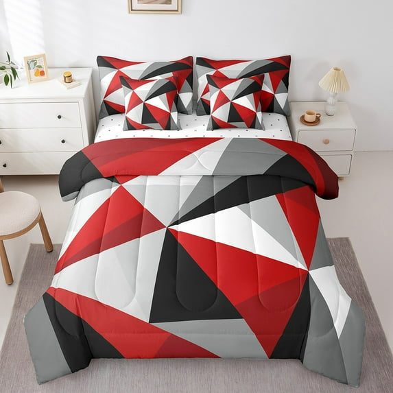 Erosebridal Red Gray Black Bed in a Bag King Size, Geometric Triangle Bed Set, Contemporary Room Decor Microfiber 7pcs