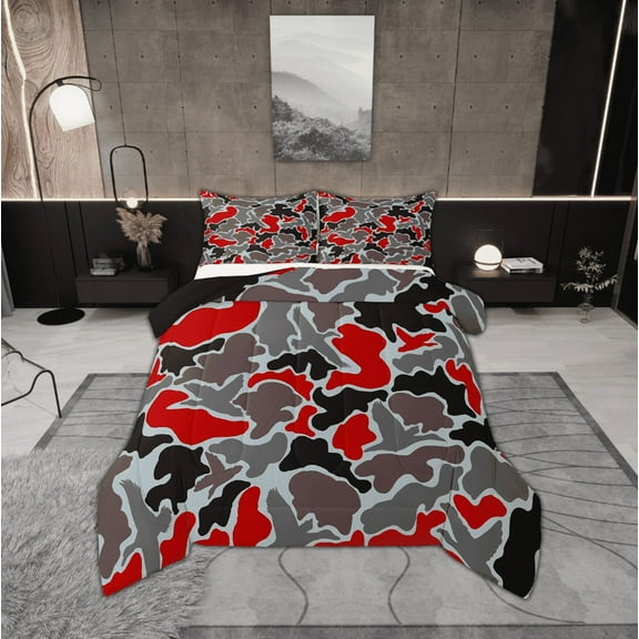 Erosebridal Red Gray Camo Comforter Sets Twin Size, Aesthetic Camouflage Comforters & Duvets, Reversible 2pcs