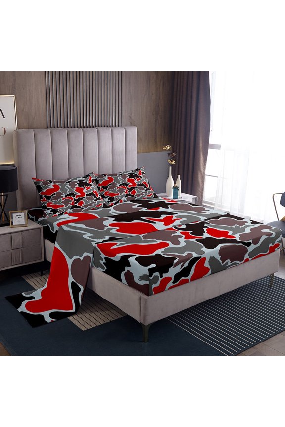 Red Gray Camo Twin Sheet Sets, Aesthetic Camouflage Bedding Twin Size 3pcs