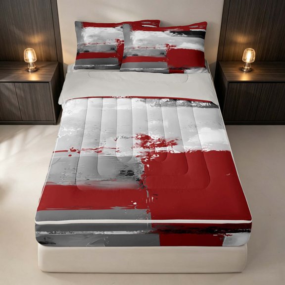 Erosebridal Red Gray Zipper Twin Comforter Sets with Fitted Sheet and 2 Pillowcases, Contemporary Brush Strokes Zipper Bedding Set, Gray Reversible
