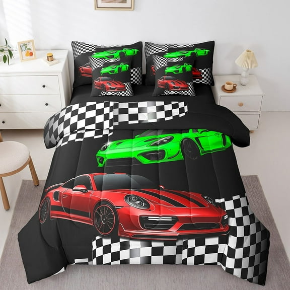 Erosebridal Red Green Automobile Bed in a Bag Twin size, Racing Car Bedding Sets Twin Size, Extreme Sports Reversible Comforter Sets with Sheets, Lightweight Bedroom Decorative, 7pcs