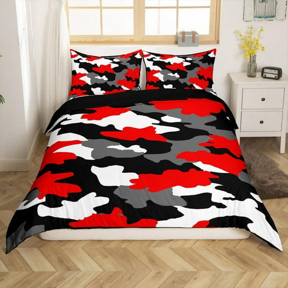 Erosebridal Red Grey Camo Duvet Cover Queen, Retro Army Camouflage Bedding Sets Queen Size, Military Decor, Reversible 3pcs（No Comforter）