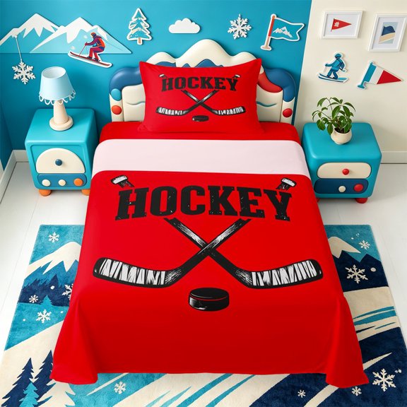 Erosebridal Red Hockey Text Twin Sheets,Crossed Stick Motif Bedding,3 Pieces,1 Flat Sheet,1 Fitted Sheet and 1 Pillowcases