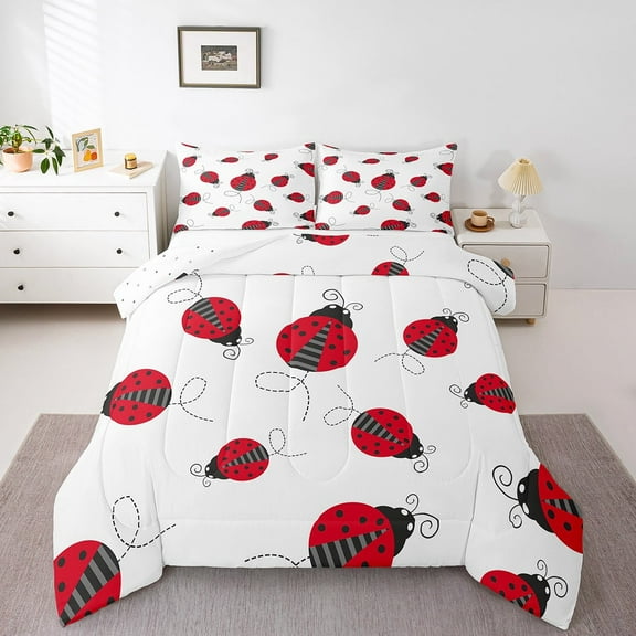 Erosebridal Red Ladybird Bedding Twin Comforter Set,Cartoon Ladybug Down Comforter,Blakc Red Bedding Sets Twin with Comforter,Microfiber Kawaii Room Decor,Reversible,2-Piece