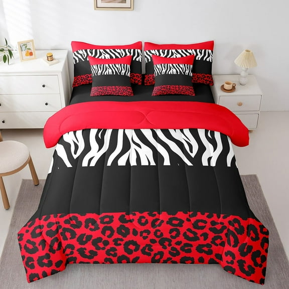 Erosebridal Red Leopard Print Bedding Sets King Size, Geometric Comforter Sets with Sheets, Zebra Decoration, Reversible 7 Pieces