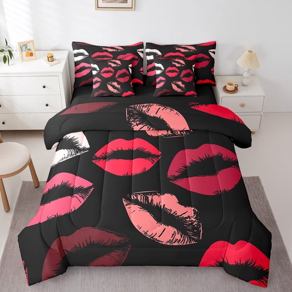 Erosebridal Red Lip Print Bedding King Size, Romantic Bed Set, Couple Lover Reversible Bed in a Bag King size, Microfiber Room Decoration, 7 Pieces