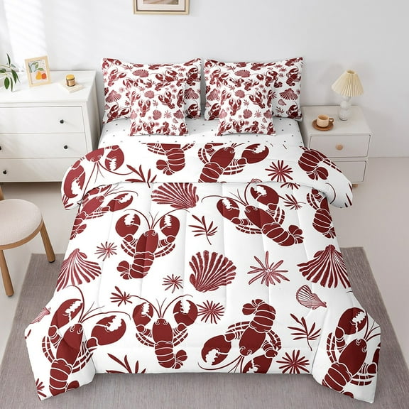 Erosebridal Red Lobster Bed in a Bag Full size, Ocean Sealife Bed Set, Cute Seashell Reversible Bedding Full Size, Microfiber Room Decorative, 7-Piece