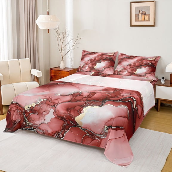 Erosebridal Red Marble Queen Sheet Sets, Gold Metalic Bed Set, 1 Flat Sheet, 1 Fitted Sheet and 2 Pillowcases