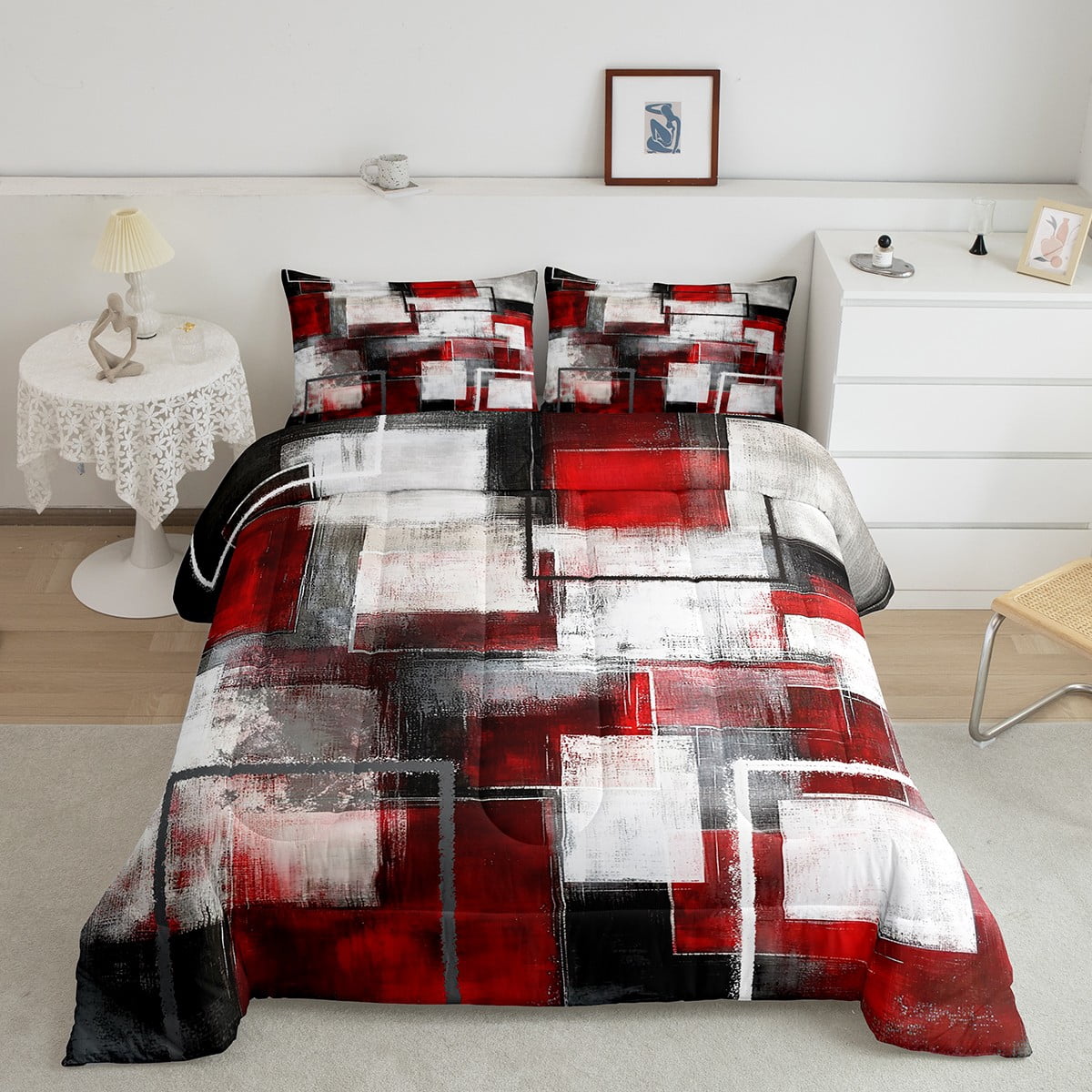 Erosebridal Red Minimalst Comforter Sets King Size, Striped Comforters ...