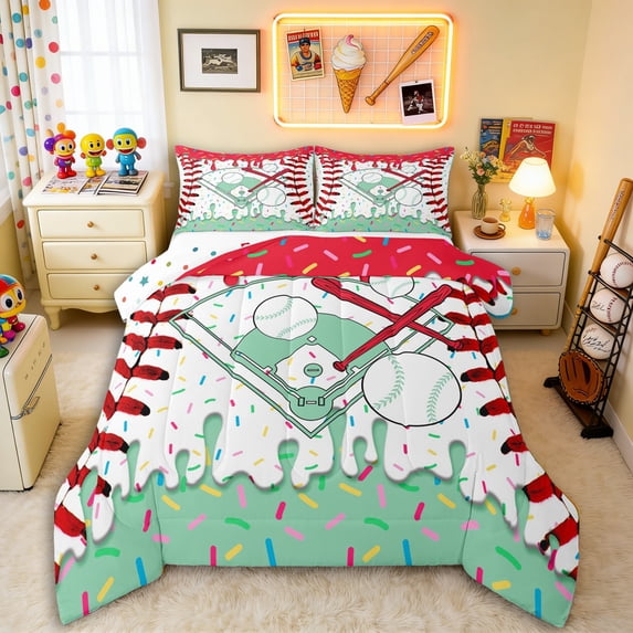 Erosebridal Red & Mint Dripping Baseball Field & Red Bats Graphic Queen Comforter Set 3pcs, Baseball Graphic Bedding Comforter Set for Boys And Girls Kids,Ultra Soft Home Decor