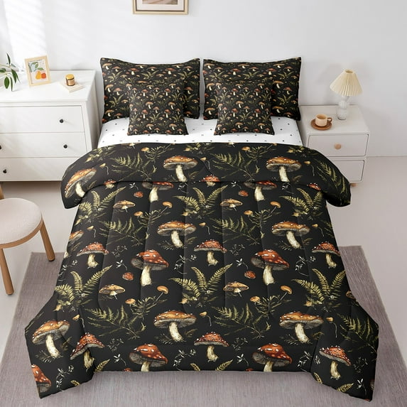 Erosebridal Red Mushroom Bedding Sets Twin Size,Botanical Plants Comforter Sets with Sheets,Green Leaves Bed in a Bag Twin size,Lightweight Cartoon Room Decorative,Reversible,7-Piece