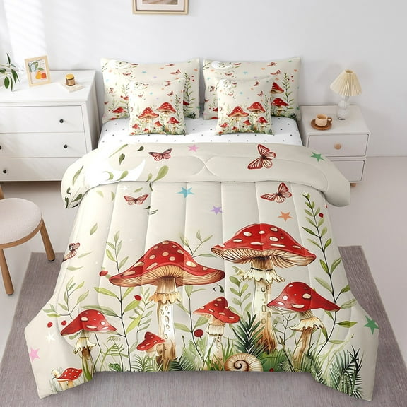 Erosebridal Red Mushroom Bedding Twin Size,Rainforest Plant Leaf Bed Set,Colorful Hummingbird Stars Bedding Sets Twin Size,Microfiber Bedroom Decor Reversible,7pcs