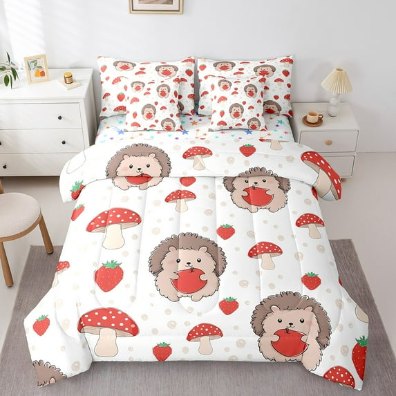Erosebridal Red Mushroom Strawbrary Bedding Sets Full Size,Cute Hedgehog Comforter Sets with Sheets,Animal Print Bed in a Bag Full Size,Ultra Soft Room Decoration Reversible,7pcs