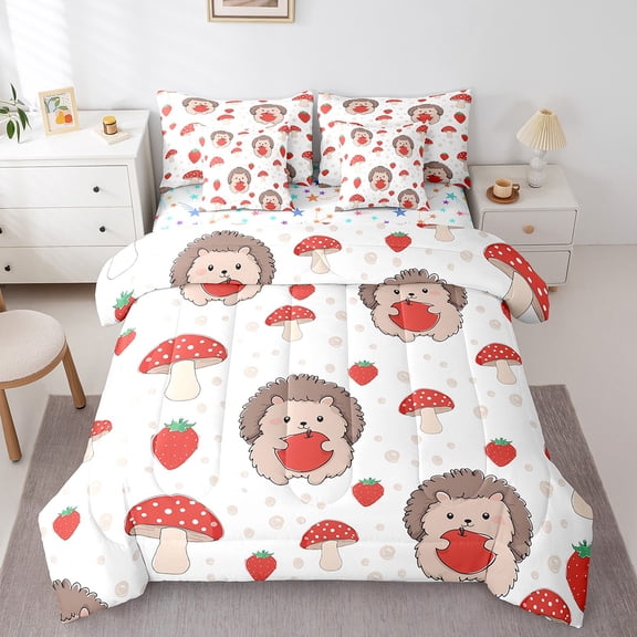 Erosebridal Red Mushroom Strawbrary Bedding Twin Size,Cute Hedgehog Comforter Sets with Sheets,Animal Print Bedding Sets Twin Size,Ultra Soft Room Decoration Reversible,7pcs