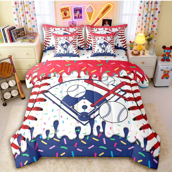 Erosebridal Red & Navy Dripping Baseball Field & Red Bats Graphic Bedding Comforter Set 7-Piece, Sport Graphic King Bedding Sets for Boys And Girls Kids,Super Cozy Room Decor