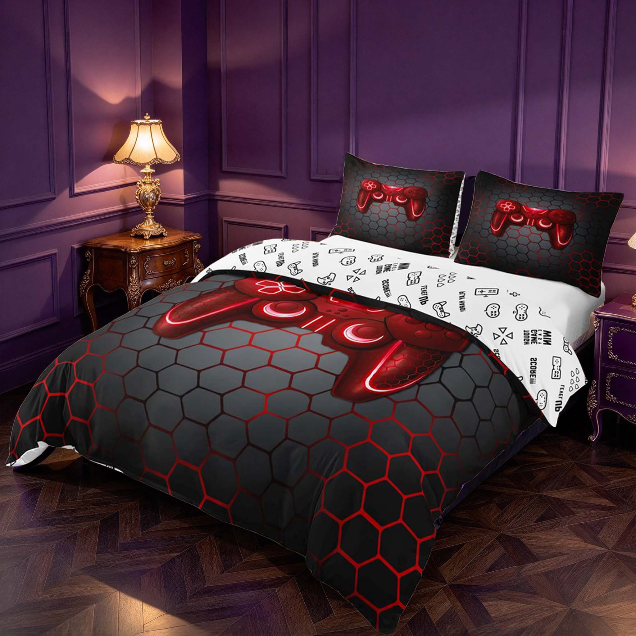 Erosebridal Red Neon Game Controller Bedding,Honeycomb Pattern Duvet ...