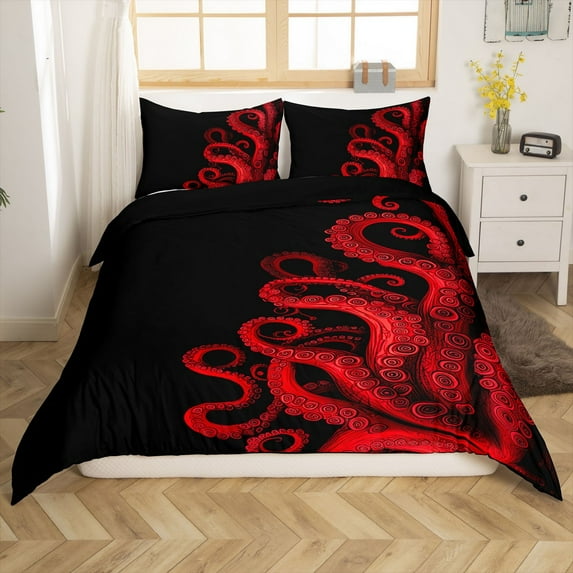 Erosebridal Red Octopus Comforter Cover Queen,Marine Animal Bedding Sets Queen Size,Super Cozy Reversible Duvet Cover Queen,Ocean Theme Decor,3-Piece(No Comforter)