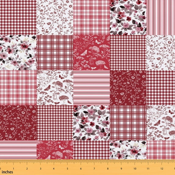 Erosebridal Red Patchwork Fabric by the Yard 1 Yard, Plaid Floral Butterfly Home Decor Fabric by the Yard