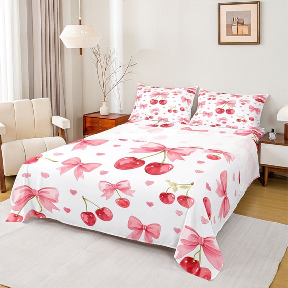 Erosebridal Red Pink Cherry Bow Bed Sheets for Girls, Watercolor Ribbon King Sheets, 4-Piece
