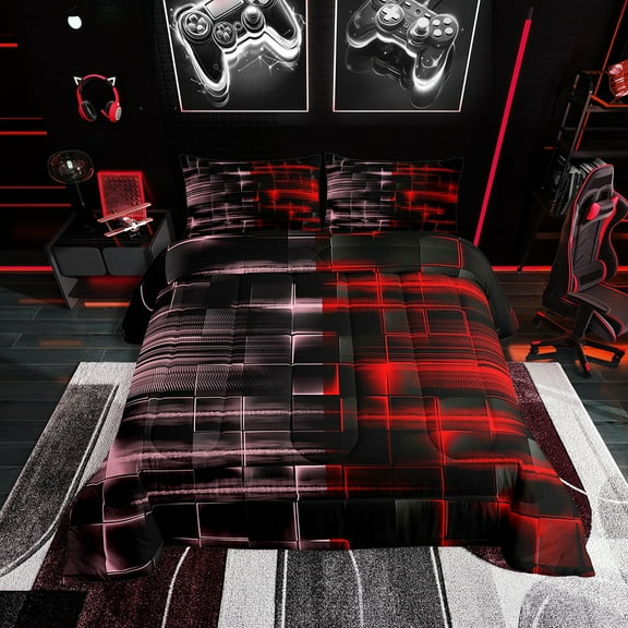 Erosebridal Red and Pink Comforter Set Twin Size Geometric Comforter Geometry Strip Lines Bedding Set Abstract Art Duvet Set Room Decor Quilt Set