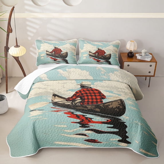 Erosebridal Red Plaid Boat Lake Twin Quilt Set, Retro Outdoor Adventure Twin Coverlet Set for Men and Women, 2-Piece