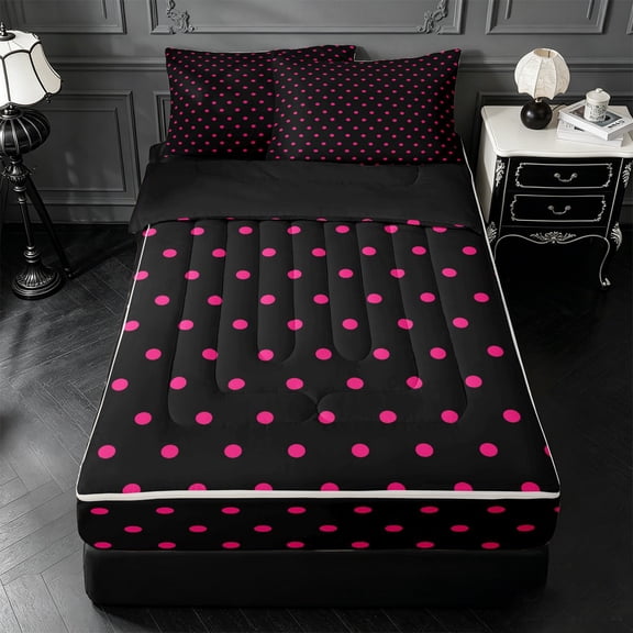Erosebridal Red Polka Dot Zipper Twin Comforter Sets with Fitted Sheet and 2 Pillowcases,Geometric Circle Pattern Zipper Bedding Set For Girls,Black Reversible,4pcs