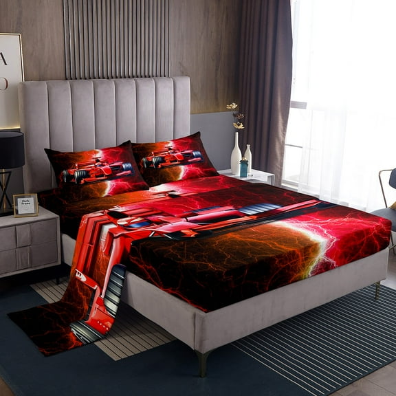 Erosebridal Red Racing Car Bed Sheets Set Twin Size, Lightning Print Bedding Set,, 3 Pieces