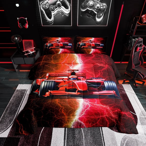 Erosebridal Red Racing Car Bedding Sets Full with Comforter, Lightning Print Duvet Insert, Reversible, 3 Pieces