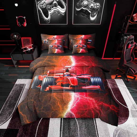 Erosebridal Red Racing Car Bedding Twin Size 7pcs, Lightning Print Comforter Sets with Sheets, Reversible