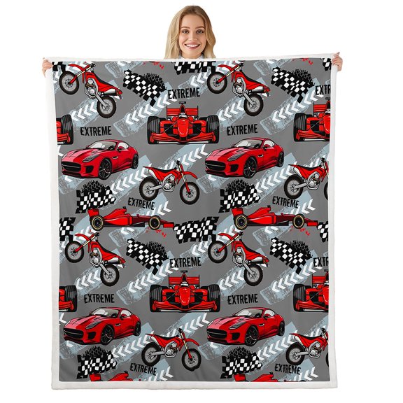 Erosebridal Red Racing Car Blanket Cartoon Dirt Bike Throw Blanket for Bed, Extreme Sports Fleece Blanket Grey Red Gray Black Sherpa Blanket, Sports Car Race Car Fuzzy Blanket