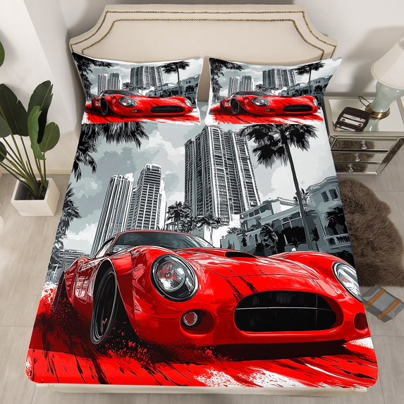 Erosebridal Red Racing Car Fitted Sheet Set Full, Street Bedding Full Size, Speed Sports Decor 3 Pieces(No Top Sheet)