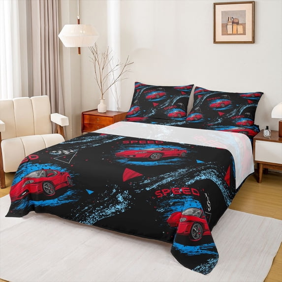 Erosebridal Red Racing Car Kids Queen Sheet Sets, Extreme Sport Bed Set, 4pcs