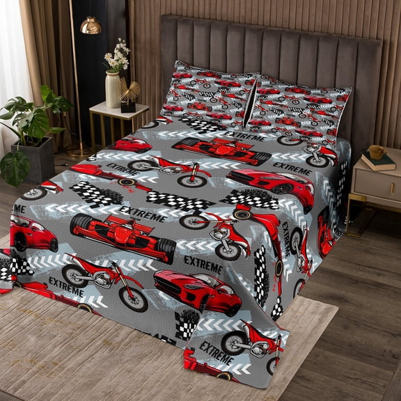 Erosebridal Red Racing Car Twin Quilt Set Cartoon Dirt Bike Coverlet Set, Extreme Sports Bedding Set Grey Red Gray Black Bedspread Set, Sports Car Race Car Bed Quilt