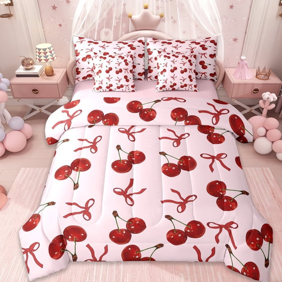 Erosebridal Red Ribbon Bowknot 7-Piece Twin Bedding Sets,Cartoon Cute Cherries Bedding Comforter Set For Kids Girls,Pink Reversible