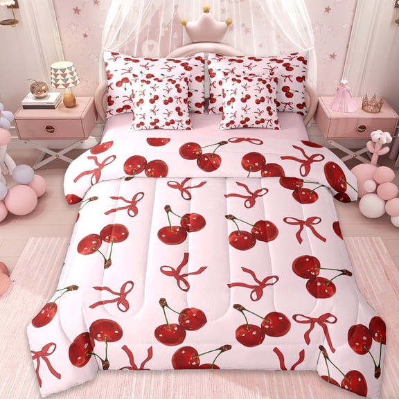 Erosebridal Red Ribbon Bowknot 7-Piece Twin Bedding Sets,Cartoon Cute Cherries Bedding Comforter Set For Kids Girls,Pink Reversible