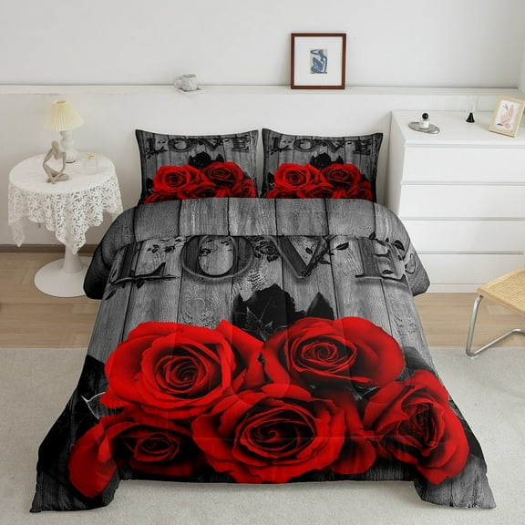 Erosebridal Red Rose Bedding Set Queen Red Black Valentine'S Day Comforter Set Women Men Couple,Romantic Floral Duvet Insert Comforter Rustic Farmhouse Quilt Bedding 2 Pillow Cases Grey
